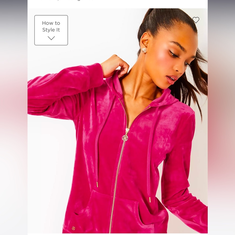 Lilly Pulitzer larina large hot pink velour zip up hooded hoodie jacket